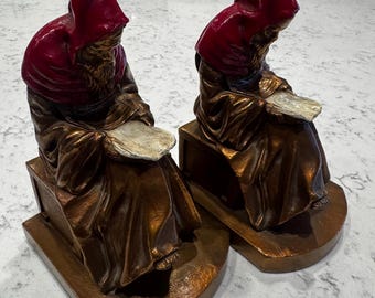 Friar Monks Wizards Bronze Copper Vintage Bookends Statues Red Robes Heavy BH