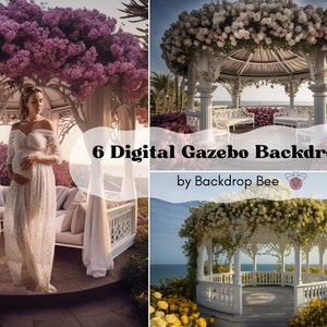 6 Floral Seaside Gazebo Digital Backdrops, Photoshop Texture Overlays, Maternity Digital Backdrop Overlays, Wedding Photography Background
