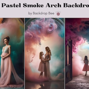 Puede incluir: Tres imágenes que muestran a diferentes personas posando frente a un telón de fondo de arco de humo colorido. El humo está en tonos de rosa, azul y turquesa. El telón de fondo es perfecto para la fotografía y se puede utilizar para una variedad de eventos.