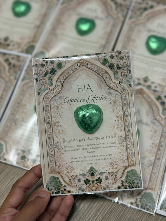 Custom Islamic Wedding Favours with Chocolate Heart & Du’a | Personalised Floral Card | Nikah Mehndi Walima Muslim Gift