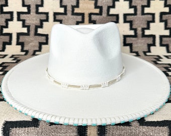 Perlen breiter Krempe Cowboy Hut, handbestickter Stil Krempe mit Makramee Hutband, Rancher Hut, Boho Hut, Western, Cowgirl, Hippie
