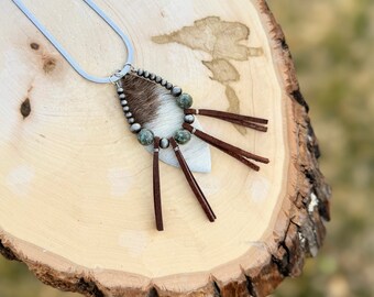 African Turquoise Jasper and Cowhide Leaf Pendant Necklace, Handmade, Boho, Earthy, Western, Gemstone Necklace, Jewelry