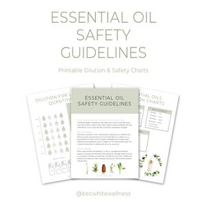 Può includere: Grafici stampabili con linee guida sulla sicurezza degli oli essenziali, informazioni sulla diluizione e conversioni di base. I grafici sono in bianco e nero con accenti verdi e presentano una goccia di olio essenziale.