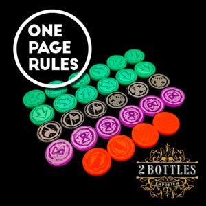 May include: A collection of colorful game tokens in green, gray, purple, and orange, arranged on a black surface. The tokens feature various symbols, including arrows, flags, and eyes. The text "ONE PAGE RULES" is in a white circle, and "2 BOTTLES EMPORIUM" is in a decorative banner.