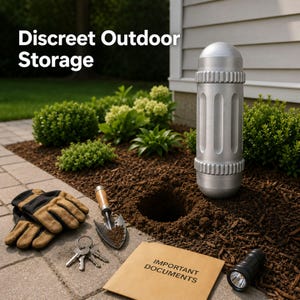 May include: A silver, cylindrical outdoor storage container with a domed top, next to a hole in the ground. The words "Discreet Outdoor Storage" are at the top. Other items include gloves, a trowel, keys, a flashlight, and a manila envelope labeled "IMPORTANT DOCUMENTS."
