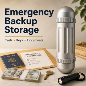 May include: A silver emergency backup storage container with a ridged design. The image includes a passport, cash, documents, a key, and a small flashlight. Text on the image reads "Emergency Backup Storage" and "Cash, Keys, Documents."