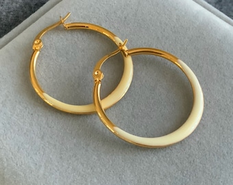 30mm White and Gold Hoops | Hypoallergenic 304 Stainless Steel | Enameled Boho Minimal Earrings | Thickness 2mm | Small Hoops