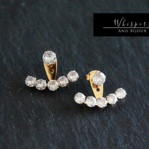 Pendientes de parte delantera y trasera / Pendientes trepadores / Acero inoxidable / Pendientes de circonita cúbica / 21 x 14 mm / Pendientes de barra de cristal / Pendientes llamativos para ocasiones especiales
