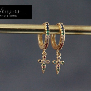 Dainty Crystal Earrings | Cross Dangle Hoop Earrings | Golden | Rainbow Colored Pave Cubic Zirconia | Crystals | Elegant Fine | 12mm Hoops