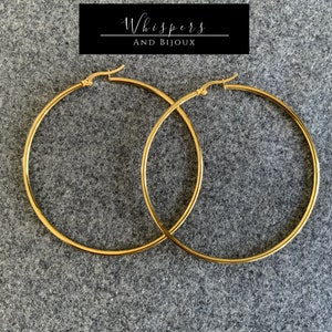 Aros dorados de 65 mm / Baño de oro de 18 k / Acero inoxidable hipoalergénico / Sin níquel / Estilo bohemio minimalista moderno / Grosor 2 mm / Aros grandes