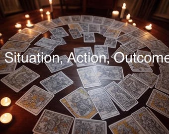 May include: A tarot card reading spread with the words "Situation, Action, Outcome" in the center. The cards are arranged in a spiral pattern on a wooden table with lit candles around the edge.