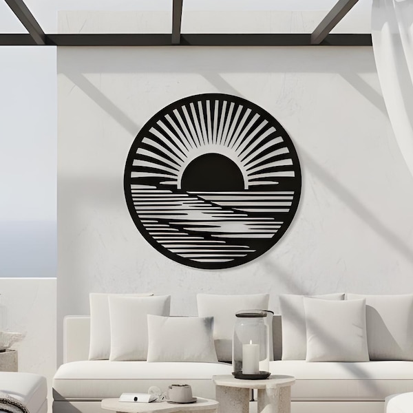 Arte mural de sol de metal costero: gran decoración playera para exteriores