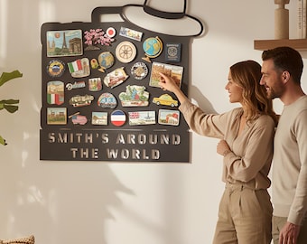May include: A black metal travel-themed display board with the text "SMITH'S AROUND THE WORLD" and various travel magnets. A couple stands near the board in a living room setting. The board is shaped like a suitcase and hat.
