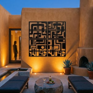 Decoración mural metálica Grid Mind: Instalación de placa de circuito de cuatro paneles, diseño de red de datos