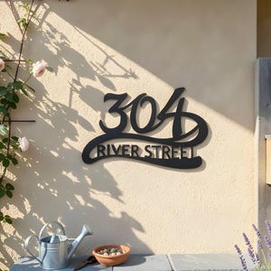 Personalized Address Metal Wall Art House Number Sign – River Script, Front Porch Decor