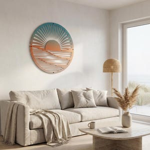 Cuadro metálico de amanecer sobre el océano – Horizonte Vow, decoración costera para sala de estar.