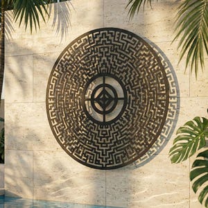 May include: A circular, dark metal wall art piece with a maze-like design is mounted on a light-colored stone wall. The artwork is centered, with a geometric pattern. Palm trees and a pool of water are in the background, creating a tropical ambiance.