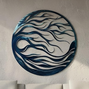 Arte abstracto de pared de metal hecho a mano: decoración azul inspirada en llamas