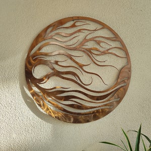 Abstract Flame-Inspired Metal Wall Art - Handcrafted Circular Copper Color Wall Decor - Modern Home Decoration - Unique Artisan Craft