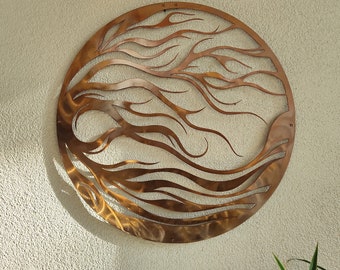 Abstract Flame-Inspired Metal Wall Art - Handcrafted Circular Copper Color Wall Decor - Modern Home Decoration - Unique Artisan Craft