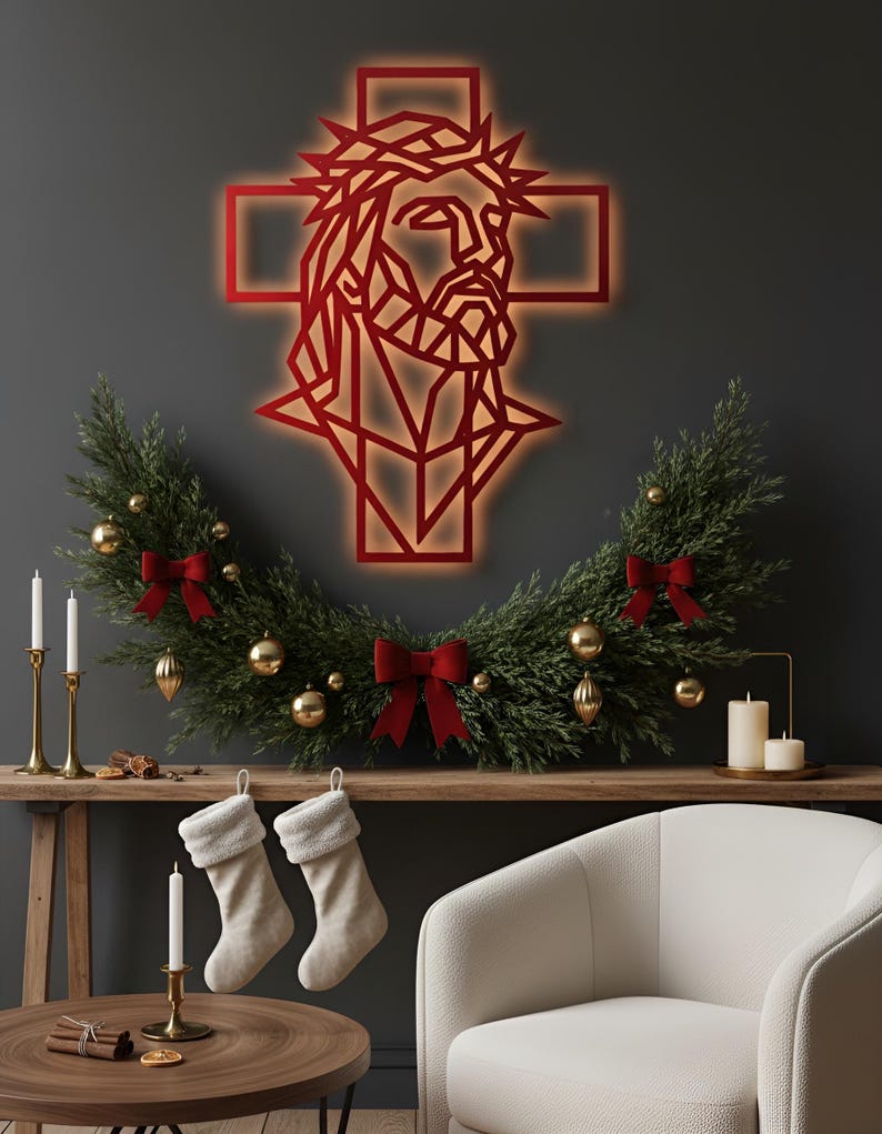 Geometric Jesus Cross LED Metal Wall Art, Modern Christian Decor - Etsy