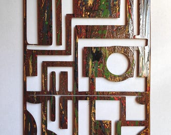 Chaos in Color – One of a Kind Abstract Metal Wall Art in Brutalist Geometric Form, Outdoor Ready, Textured Color Splash