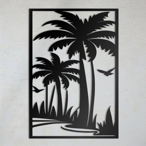 Palm Tree Metal Wall Art with Art Deco Birds and Decorative Panels | Large Metal Wall Art for Outside | Outdoor Large Metal Art