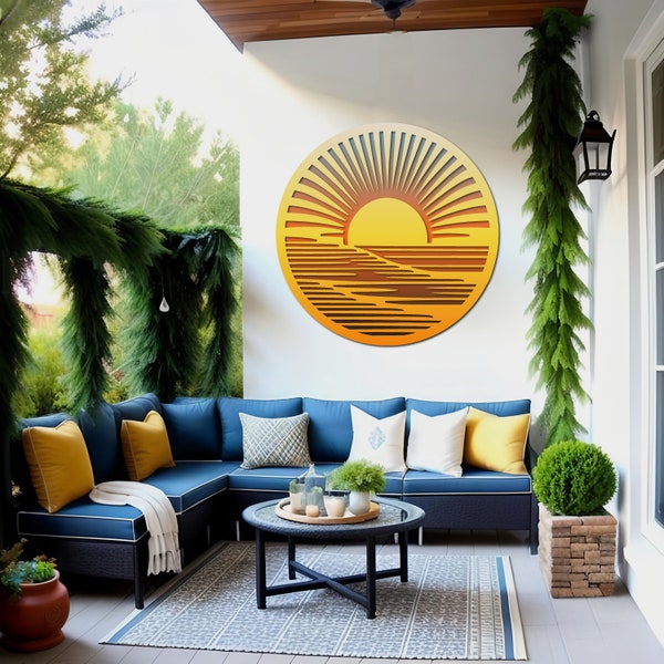 Radiant Sunrise: Two-layer Design Metal Sun Wall Art | Coastal Large Metal Wall Art | Large Metal Wall Art for Outside | Outdoor Metal Art