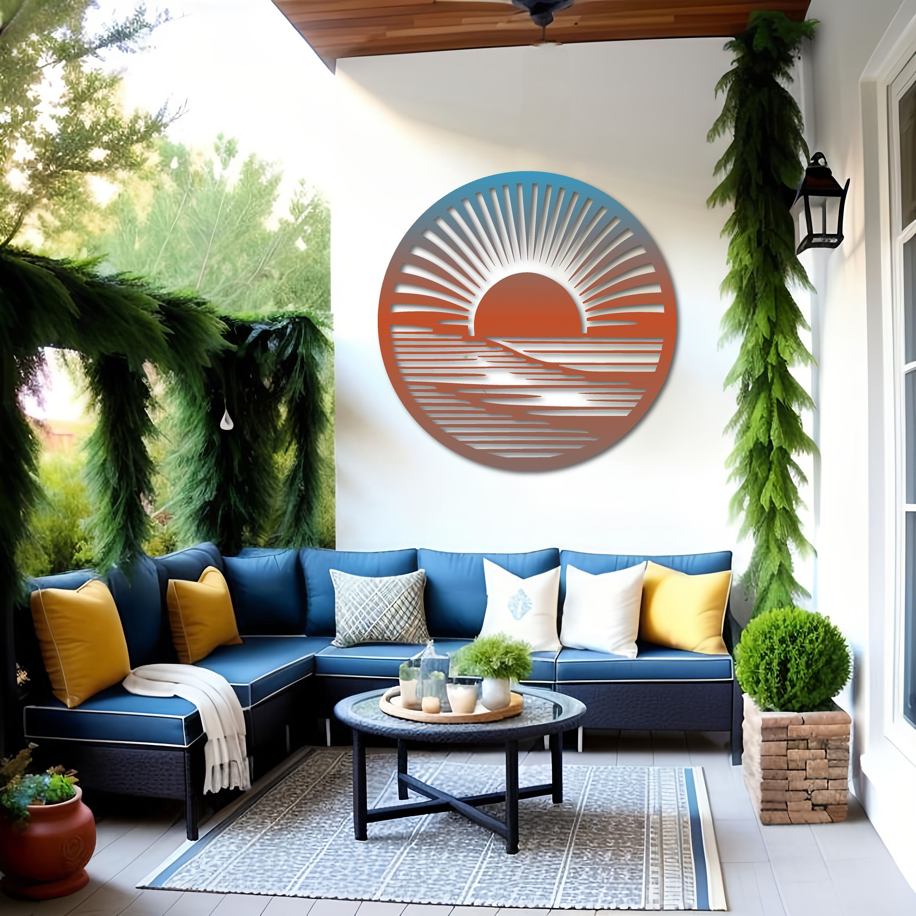 Radiant Sunrise: Art Deco Metal Sun Wall Art | Coastal Large Metal Wall Art | Large Metal Wall Art for Outside | Outdoor Metal Art