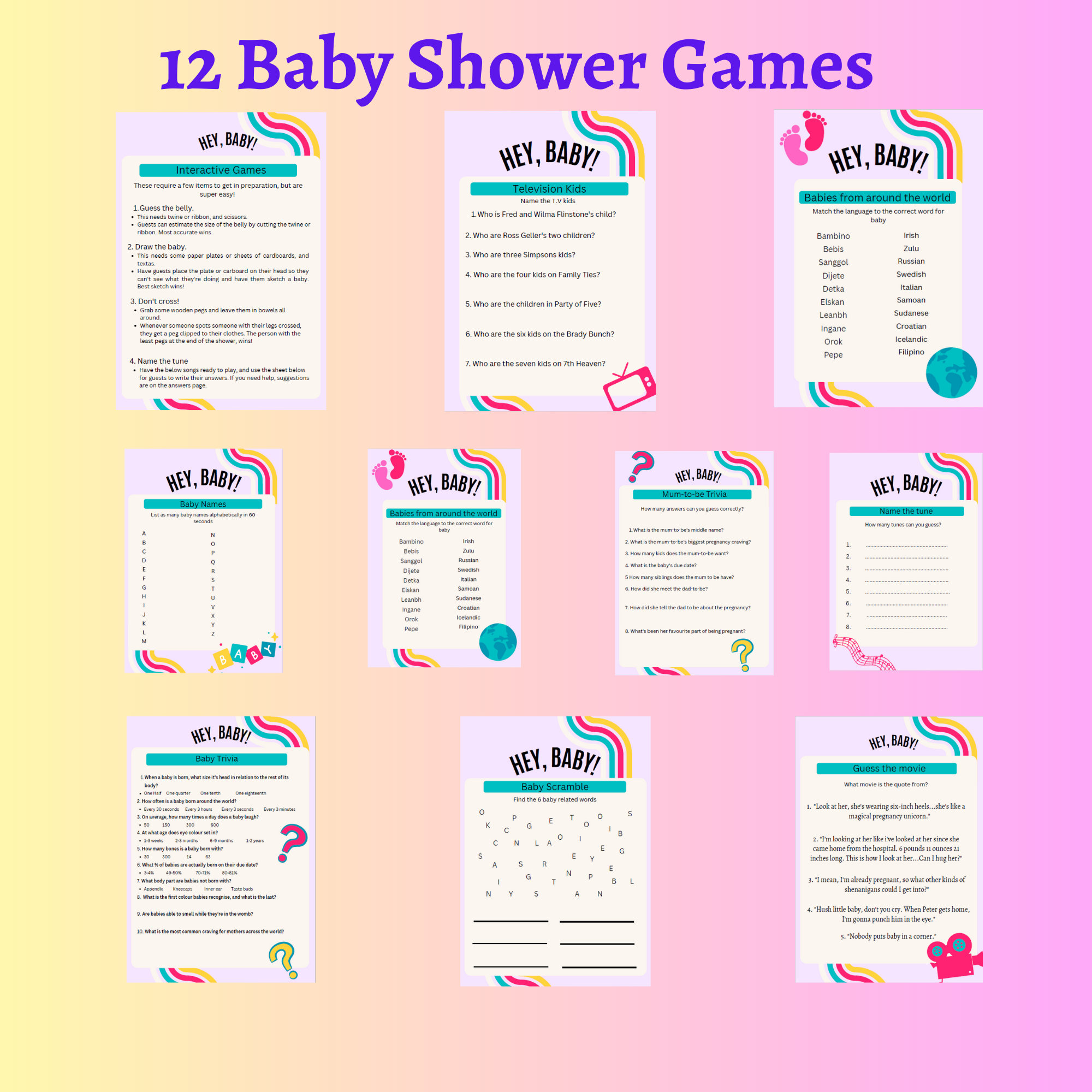 Printable Modern Baby Shower Games Bundle Set of 12 Games/activities Etsy