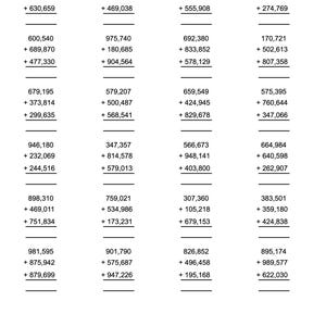 100 6-digit numbers addition worksheets with 3 addends with Answers PDF Instant Download