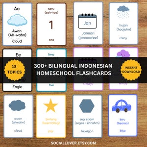 Más de 300 tarjetas didácticas bilingües indonesio-inglés en formato PDF para descarga instantánea.