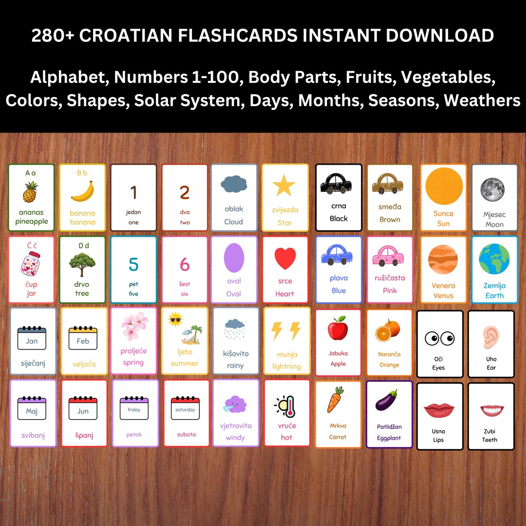 280+ Croatian English Flashcards Bundle | Alphabet, Numbers, Colors ...