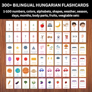 Op de afbeelding: Hongaarse flashcards met nummers, kleuren, vormen en meer. De kaarten zijn tweetalig, met Hongaarse en Engelse tekst. De afbeelding toont een verscheidenheid aan geïllustreerde woordenschat.