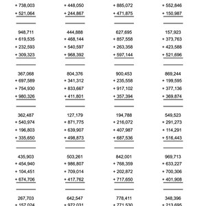 100 6-digit numbers addition worksheets with 4 addends with Answers PDF Instant Download