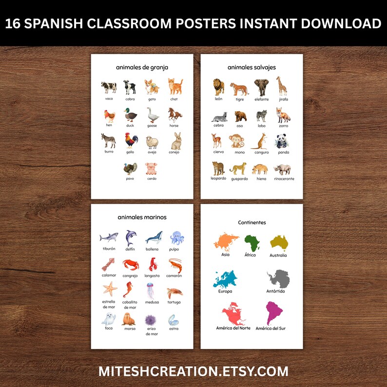 16 Spanish Educational Classroom Posters Charts Set Instant Download ...