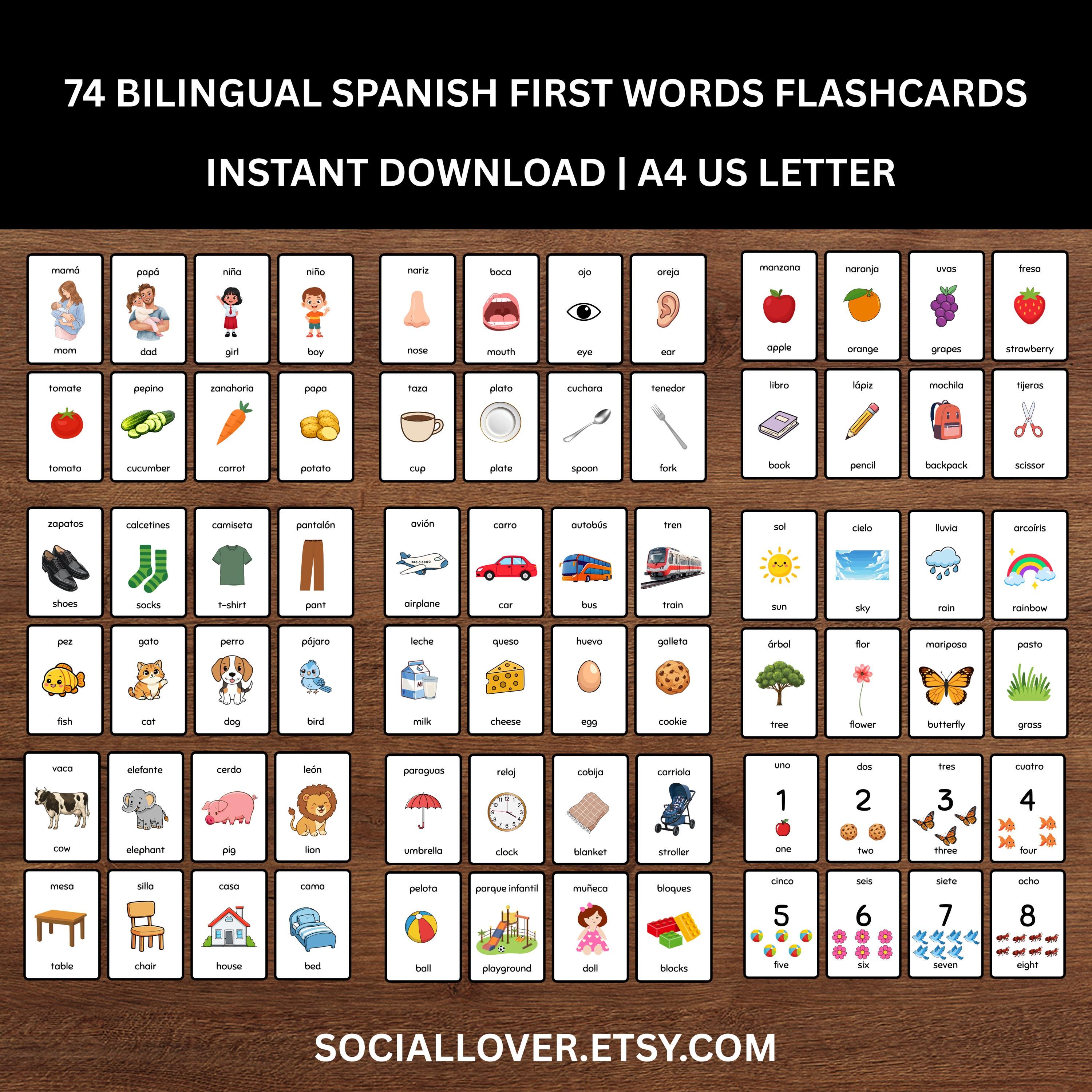 74 Spanish First Words Flashcards for Kids Toddler Kindergarten ...