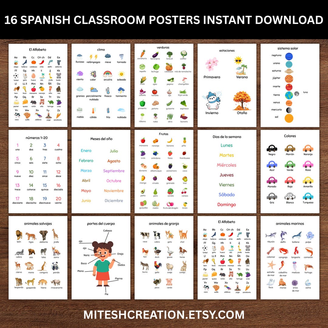 16 Spanish Educational Classroom Posters Charts Set Instant Download ...