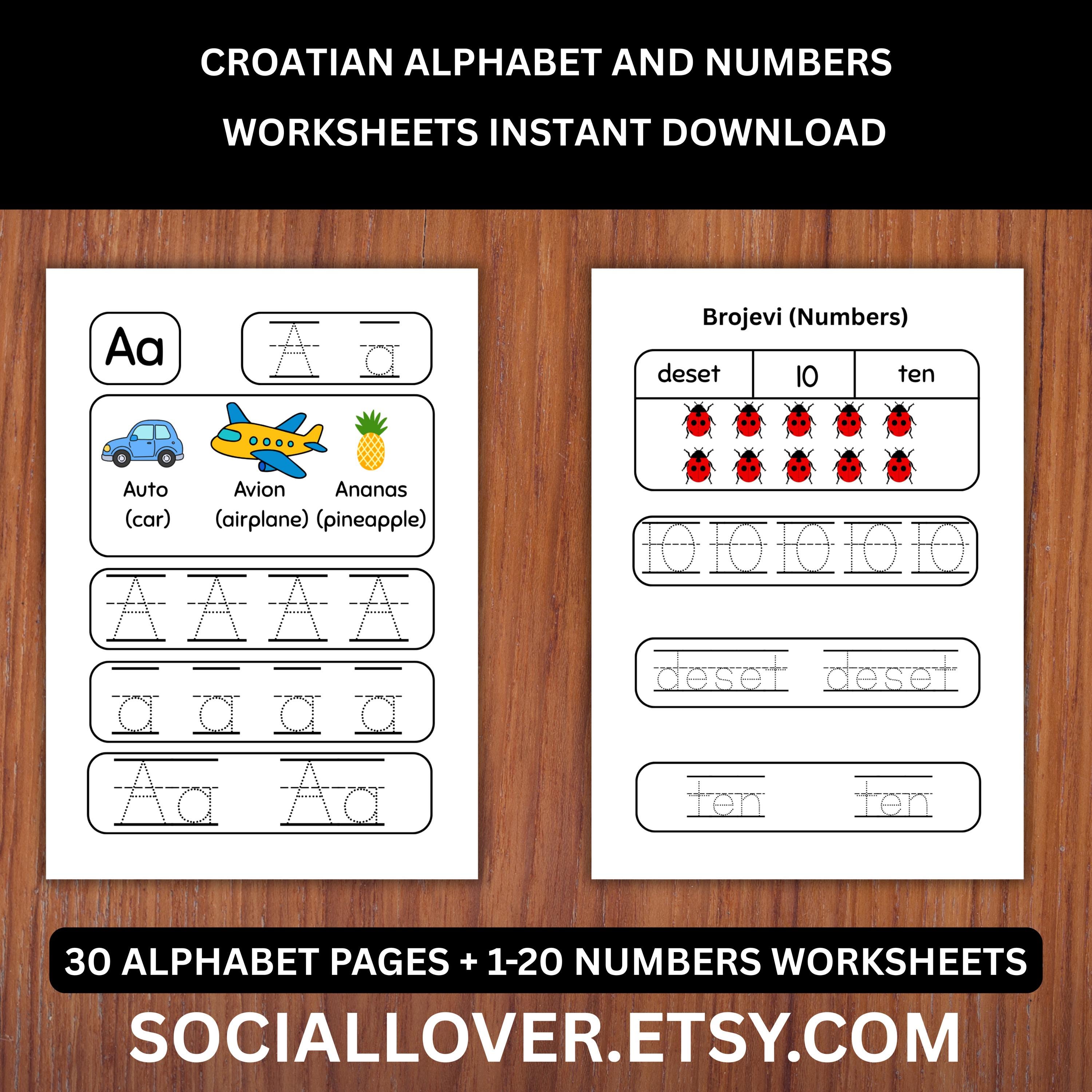 Croatian English Alphabets and Numbers Worksheets Instant Download ...