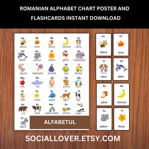 May include: A Romanian alphabet chart poster and flashcards set. The poster displays the alphabet with associated words and illustrations. The flashcards show individual letters with matching images. The background has a wooden texture.