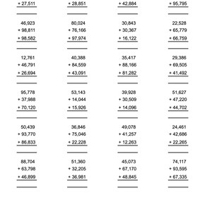 100 5-digit addition worksheets with 3 addends with Answers PDF Instant Download