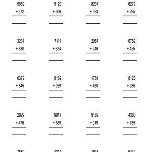 100 4-digit by 3-digit addition worksheets with Answers Instant Download PDF Ready