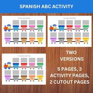 Puede incluir: Juego de actividades del ABC español. La imagen muestra tres páginas de actividades con vagones de tren coloridos, cada uno etiquetado con letras españolas. El texto de la imagen dice "SPANISH ABC ACTIVITY" y "TWO VERSIONS, 5 PAGES, 3 ACTIVITY PAGES, 2 CUTOUT PAGES."