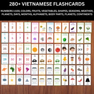 Op de afbeelding: Een verzameling van 280+ Vietnamese flashcards. De kaarten behandelen getallen 1-100, kleuren, fruit, groenten, vormen, seizoenen, weer, planeten, dagen, maanden, alfabetten, lichaamsdelen en continenten. Gerangschikt op een houten oppervlak.