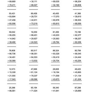 100 5-digit addition worksheets with 4 addends with Answers PDF Instant Download
