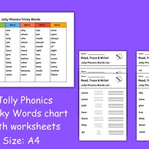 Op de afbeelding: Een paarse achtergrond met een Jolly Phonics Tricky Words-tabel en werkbladen. De tabel bevat moeilijke woorden in zes sets, elk met een andere kleur. Werkbladen bevatten lijnen om de woorden te traceren en te schrijven. Formaat A4.
