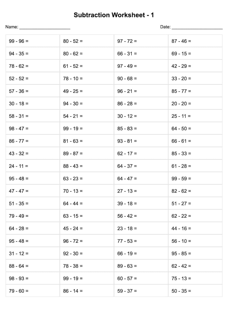 May include: A white subtraction worksheet labeled "Subtraction Worksheet - 1" with a space for a name and date. The worksheet contains rows of subtraction problems for practice.