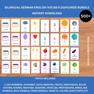 May include: A set of bilingual German-English vocabulary flashcards. The cards display words for days, months, numbers, fruits, vegetables, and other topics. The cards are white with colourful illustrations and text in German and English.