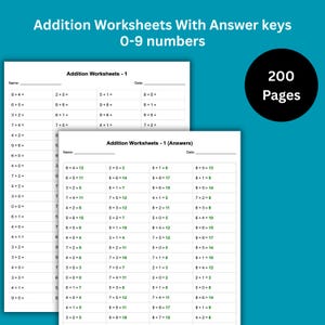 200 Addition Worksheet 0-9 Numbers | Single Digit Add Math Worksheet with Answers (Horizontal and Vertical) Instant Download PDF Ready