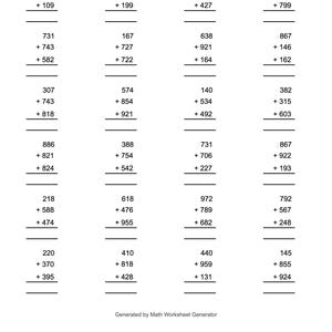 100 3-digit 3 numbers Addition Worksheets With Answers PDF Ready Instant Download Grade 1 2 3 4